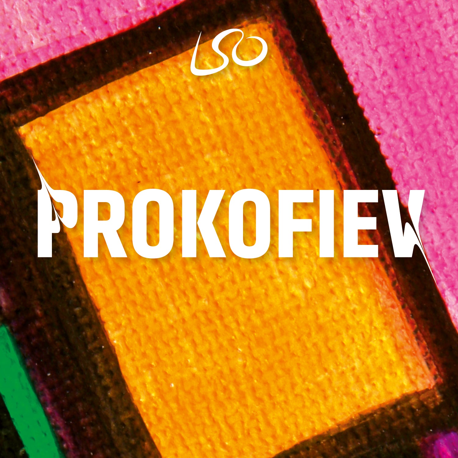 Album cover featuring a close up of a piece of woven fabric with an abstract design in orange, pink, green and brown. Text reads Prokofiev.