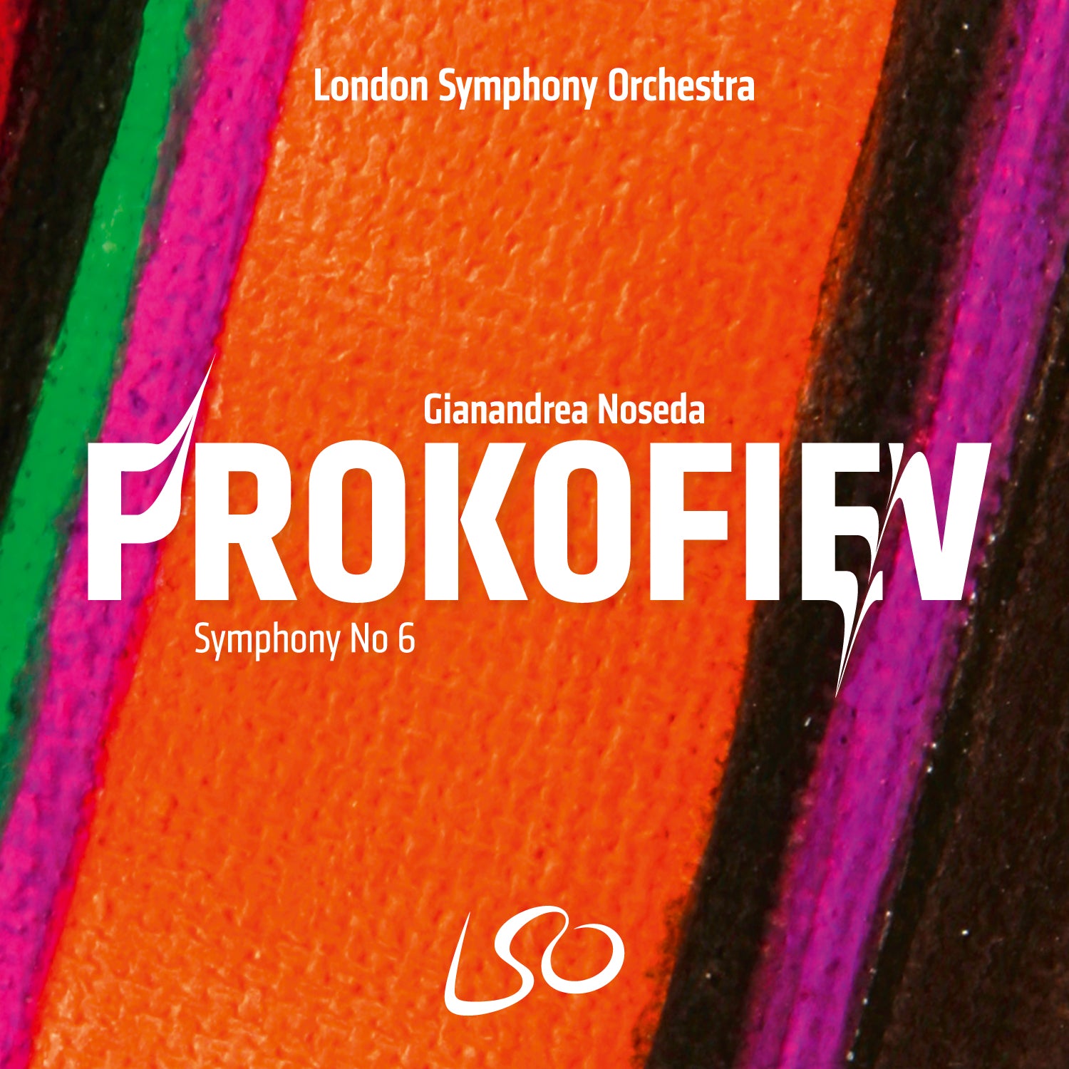 A vibrant abstract background with bold stripes showcases London Symphony Orchestra, Gianandrea Noseda, Prokofiev: Symphony No. 6 alongside the LSO logo. Anticipate the 2025 album from LSO Live; pre-order now to secure your copy!