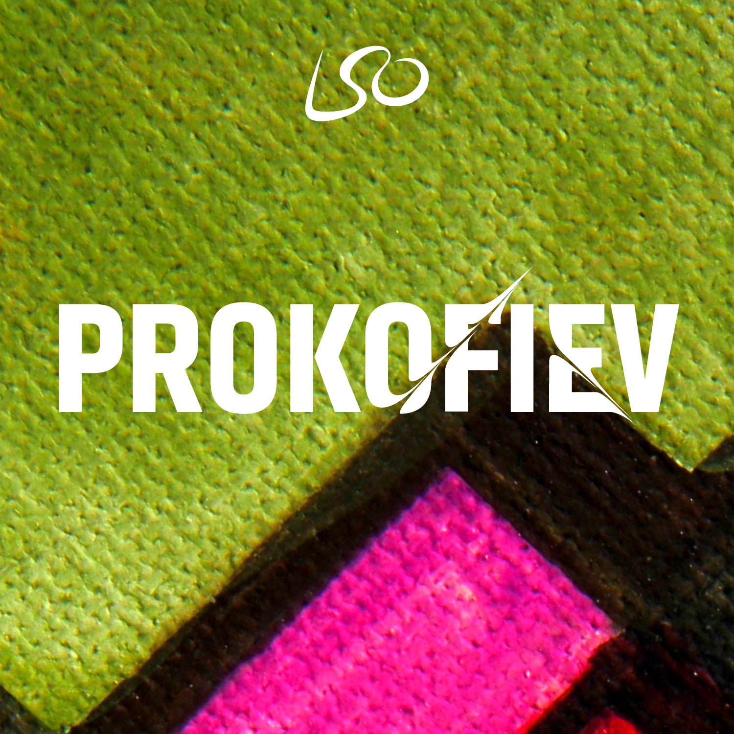 Album cover featuring a close up of a piece of woven fabric with an abstract design in green, pink and brown. Text reads Prokofiev.