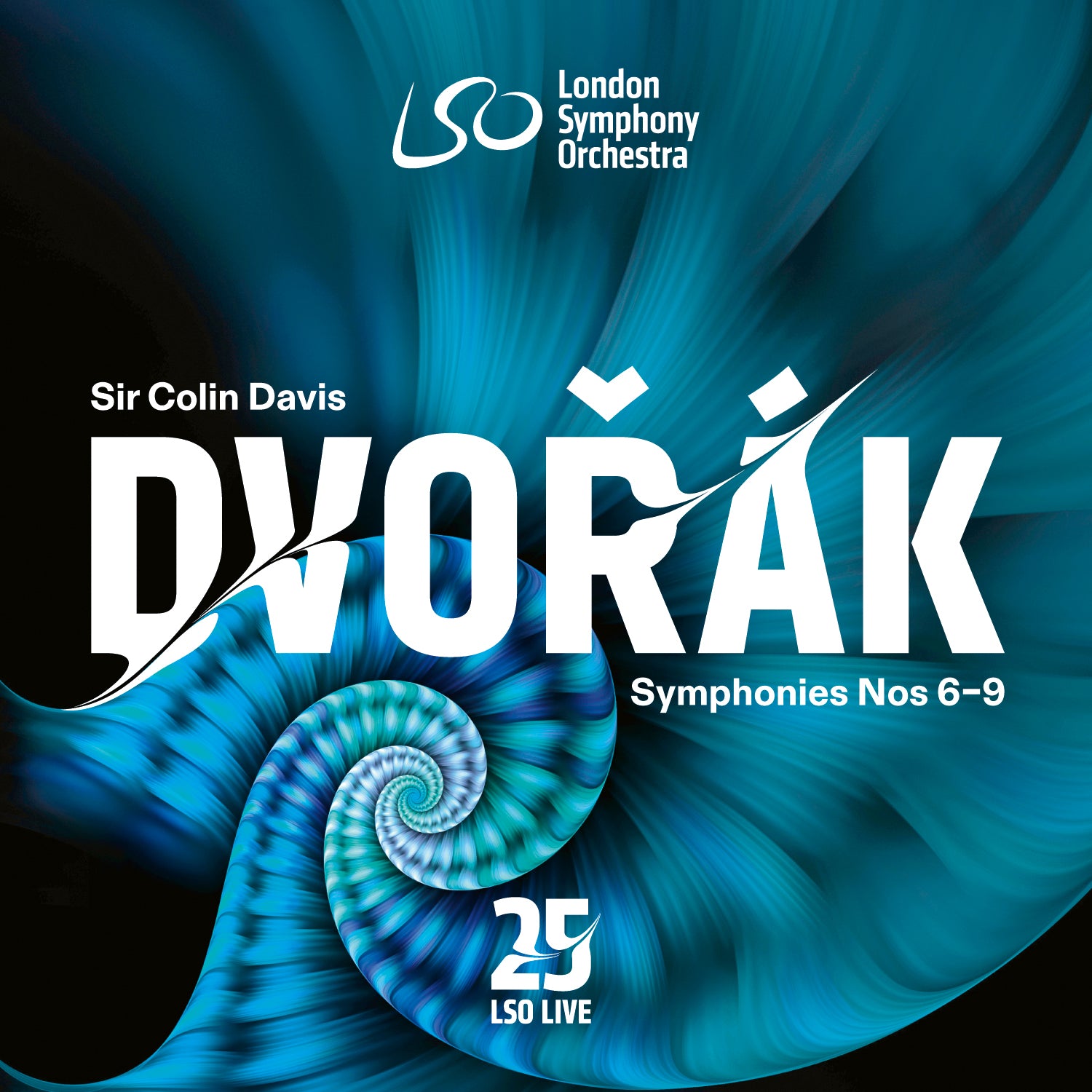 Turquoise blue album cover with an abstract shell design. Text reads Sir Colin Davis, Dvorak, Symphonies Nos 6 to 9.