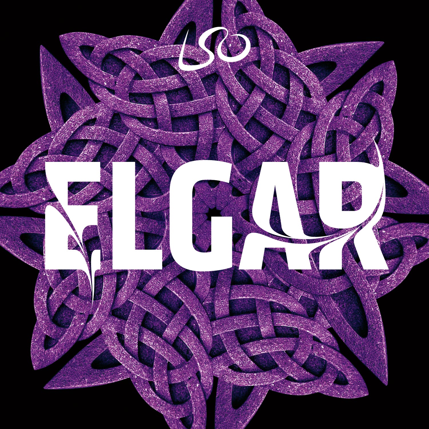 The cover has a geometric pattern with intricate purple Celtic knots on black, featuring LSO at the top and Elgar: Symphonies Nos 1–3, Enigma Variations, Cello Concerto, Marches in bold white letters across the center from the London Symphony Orchestra.