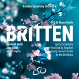 Turquoise blue album cover with pink and blue cherry blossom. Text reads Britten, Spring Symphony, Sinfonia da Requiem, Young Person's Guide to the Orchestra, Sir Simon Rattle, Elizabeth Watts, Alice Coote, Allan Clayton.