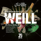 Black album cover with pop-art style graphics portraying the seven deadly sins. Text reads The Seven Deadly Sins, Weill, Sir Simon Rattle, Magdalena Kozena, Andrew Staples, FlorianBoesch, Ross Ramgobin, Alessandro Fisher