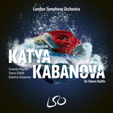 Dark blue album cover with a red rose emerging from crashing white waves of the sea, with spray droplets surrounding. Text reads Janacek, Katya Kabanova, Sir Simon Rattle, Amanda Majeski, Simon O'Neill, Katarina Dalayman.