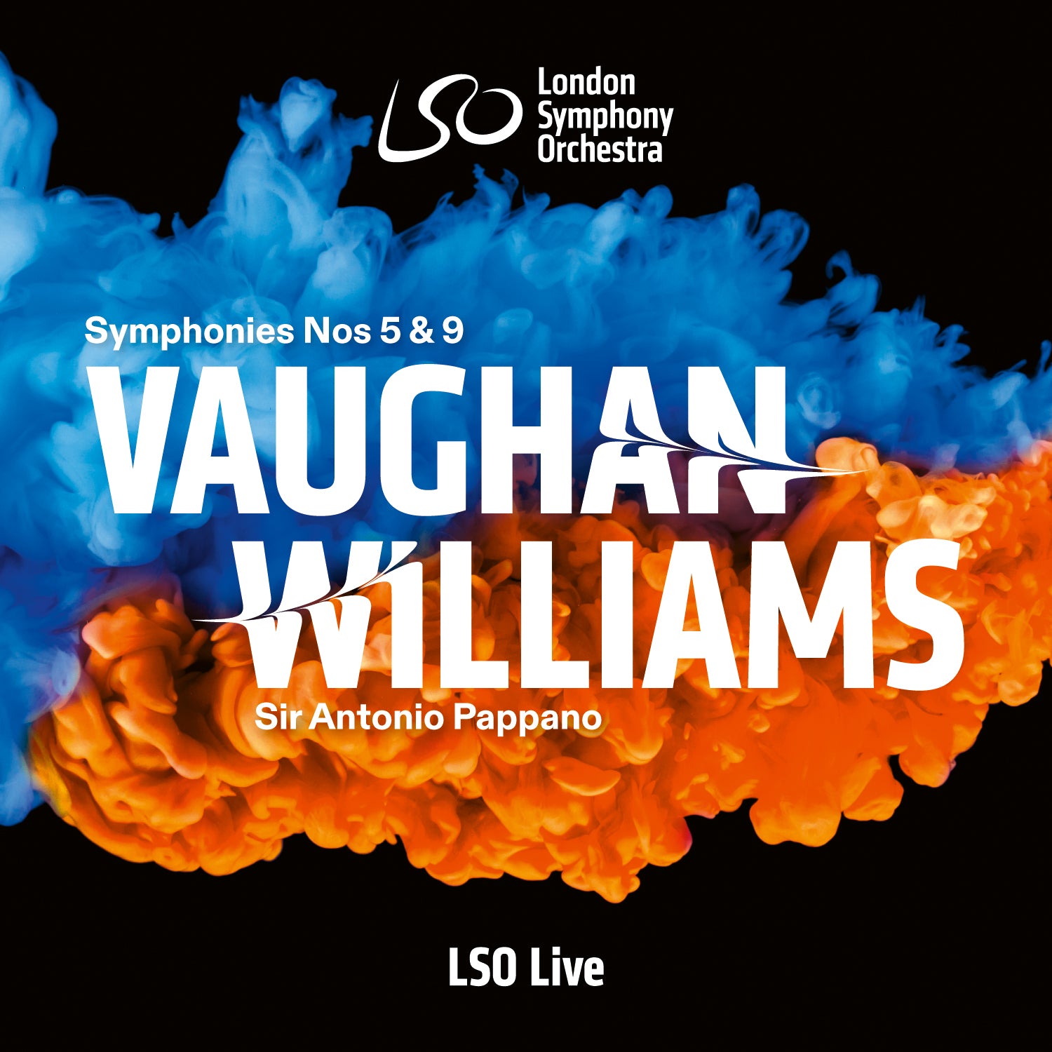 Album cover for Vaughan Williams: Symphonies Nos. 5 & 9 by LSO Live, with swirling blue and orange smoke and bold white text. Available for pre-order.