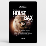 The LSO Live “Holst / Bax - Pin badge download” album card features a planet image, LSO logo, and instructions to tap the pin badge for instant digital access to The Planets and Tintagel by the London Symphony Orchestra.