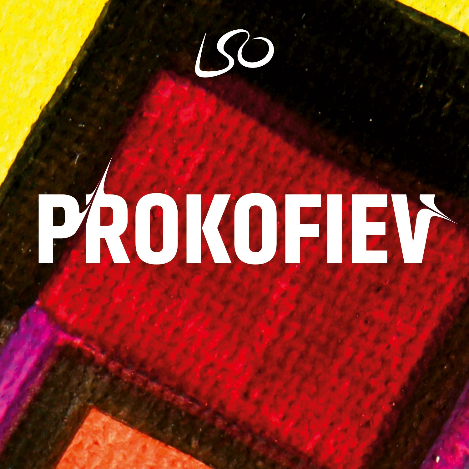 Album cover featuring a close up of a piece of woven fabric with an abstract design in red, yellow, orange, pink and brown. Text reads Prokofiev.